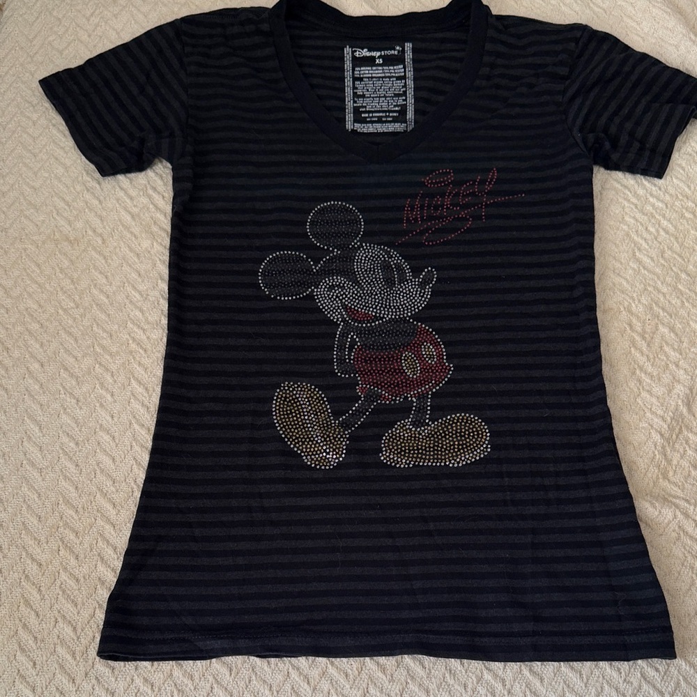 Disney Black and Gray Striped Mickey Mouse Tee